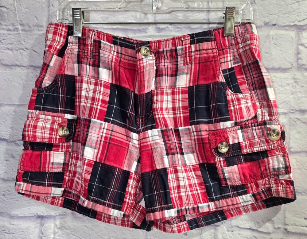 Faded Glory Red Black Checkered Chino Shorts 6 Cargo Pockets Lightweight